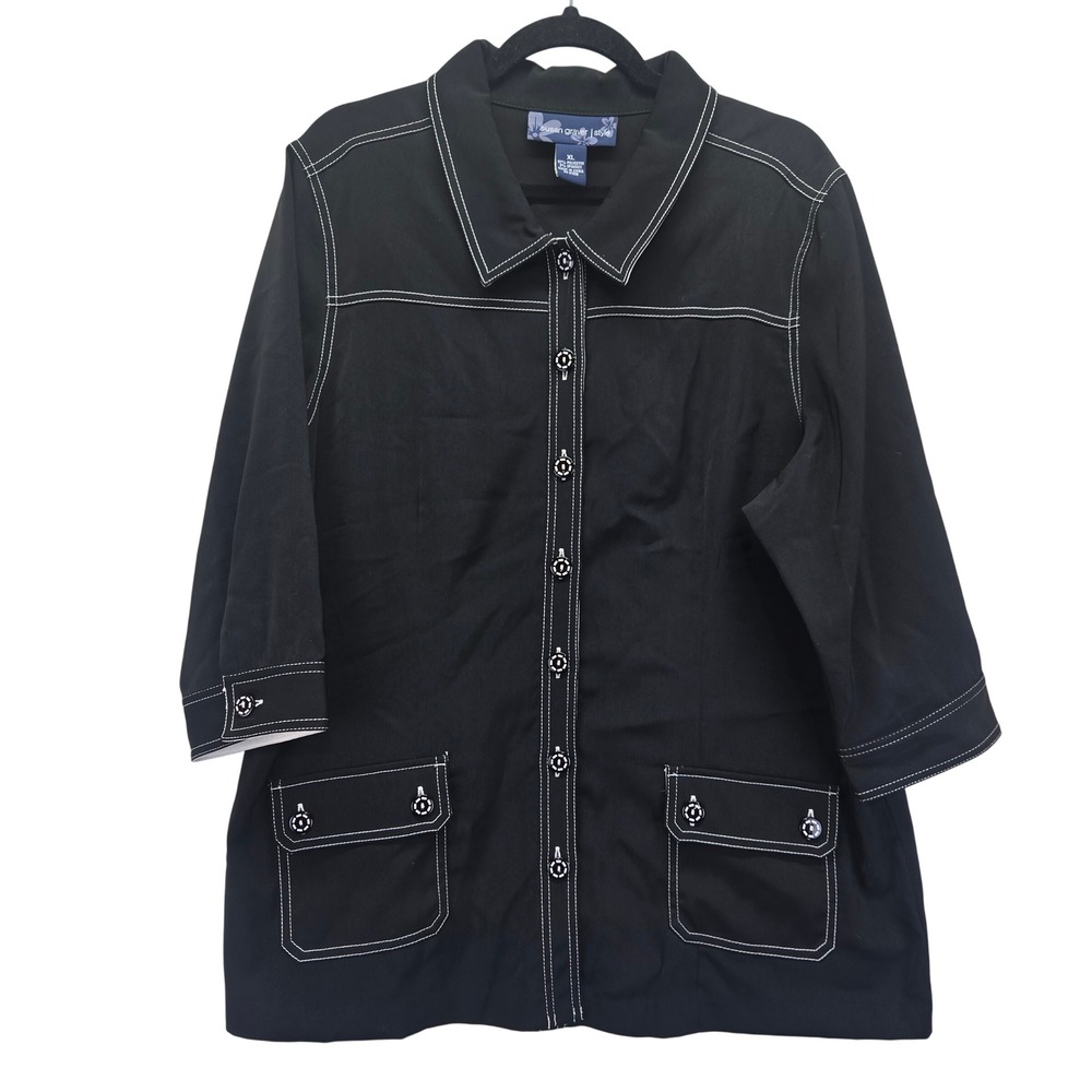 Susan Graver Style Womens XL Black Contrast Stitch Button Front 3/4 Sleeve Shirt